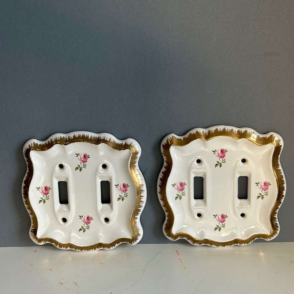 Vintage Ceramic Light Switch Cover Floral Gold Victorian Double Toggle Set of 2
